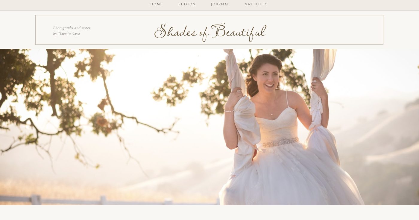 Shades of Beautiful homepage: script wordmark above a sunlit photo of a bride on a fabric swing