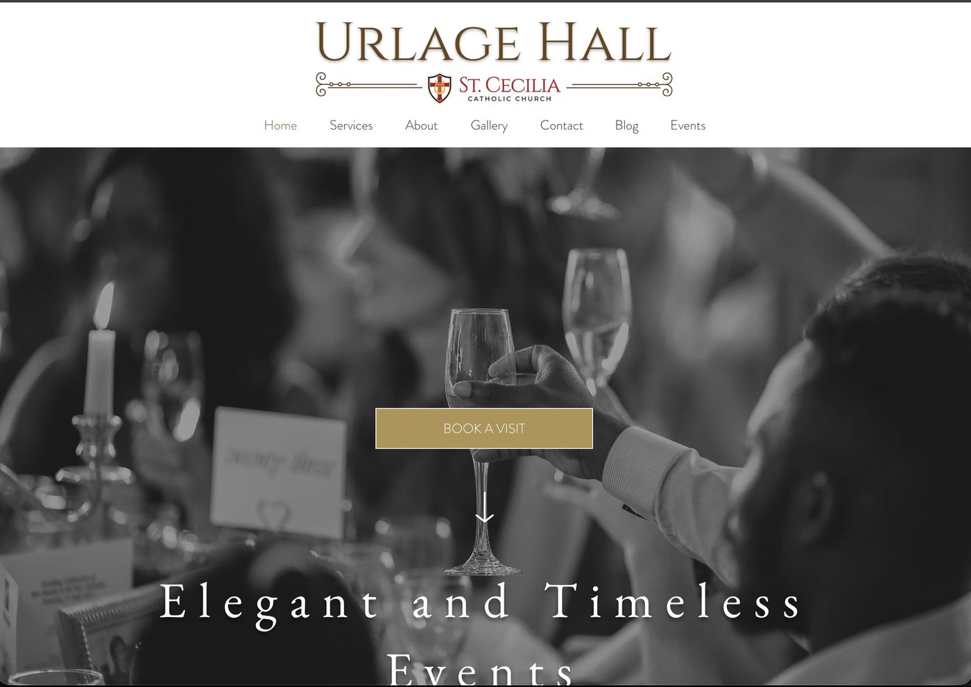 Urlage Hall homepage: a black-and-white photo of a wedding toast with the headline Elegant and Timeless Events